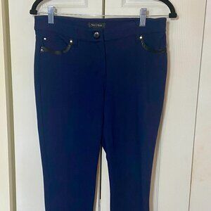WHBM Navy Ponte pants with leather trim, zip and snap ankle